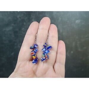 925 Sterling Silver Beaded Millefiori Glass Dangling Earrings Vintage